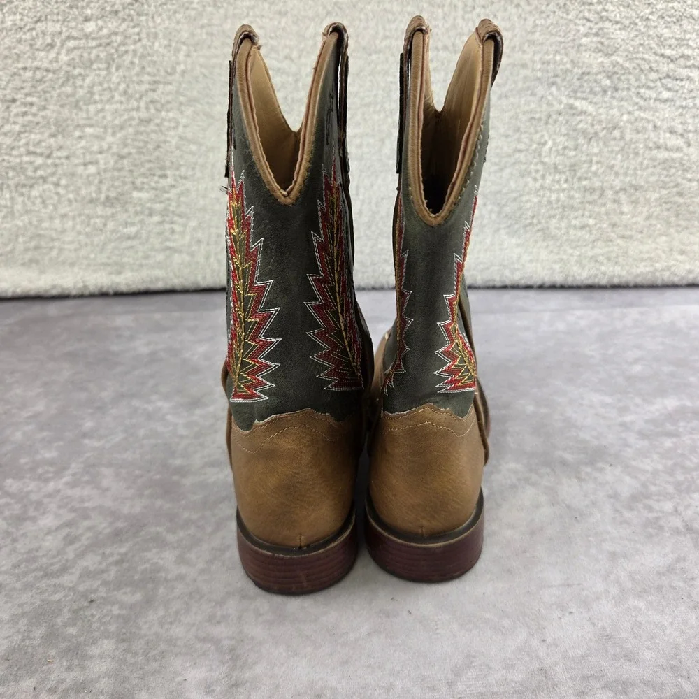 Roper Kids Western Cowboy Boots Brown Green Embroidered Square Toe Size 12